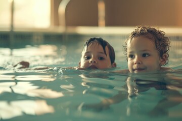Poster - Two young children swimming in a pool of water. Suitable for summer activities or family fun concepts