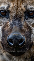 Wall Mural - A macro portrait of an hyena, capturing the intricate patterns of its fur and the striking details of its eyes and nose, generated with AI