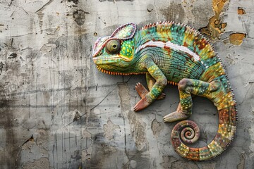 Canvas Print - A vibrant chameleon perched on a wall, suitable for various projects