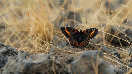 Canvas Print - Black and orange winged butterfly in a setting of yellow dry grass and gray stones