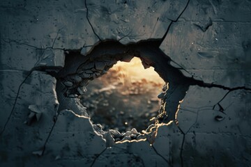 Aufkleber - A hole in a concrete wall with light shining through. Suitable for architectural and industrial concepts