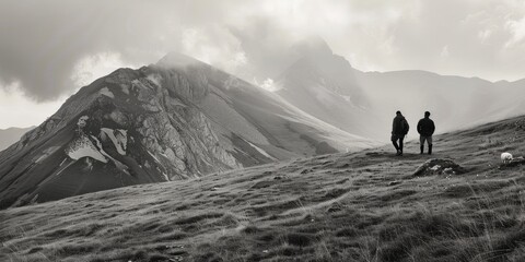 Aufkleber - A couple of people standing on top of a grass covered hillside. Suitable for outdoor and nature themes
