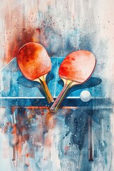 Poster - Two ping pong paddles and a ball, suitable for sports and recreation concepts