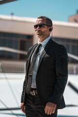 Poster - A man in a suit and tie standing in front of a car. Ideal for business and transportation concepts