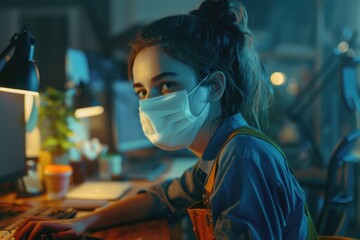 Aufkleber - Woman wearing face mask working on computer, suitable for health and technology concepts