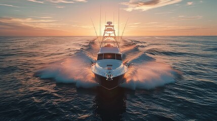 Poster - A white boat sailing across calm waters, suitable for travel or transportation concepts