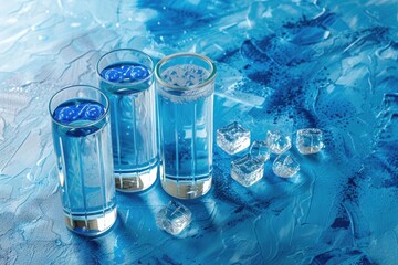 Poster - Refreshing image of three glasses of water with ice cubes, perfect for advertising or health-related content