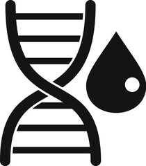 Poster - Black and white vector icon illustrating a dna double helix with a blood drop, symbolizing genetics and biotechnology