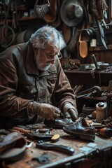 Poster - A man focused on woodworking in a workshop. Ideal for carpentry and DIY projects