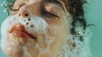Poster - Close-up of a person in a bathtub with foam on their face, ideal for health and beauty concepts