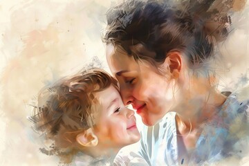 Poster - A heartwarming painting of a mother tenderly kissing her child. Perfect for family-themed designs