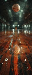 Wall Mural - Basketball ball on a dark wooden floor of basketball court, inside a modern sports gym, basketball arena, the reflection of the basket can be seen in the floor, generated with AI