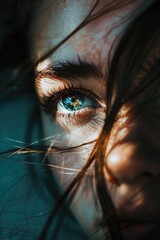 Poster - Close up of a person's eye with long hair, suitable for beauty and fashion concepts