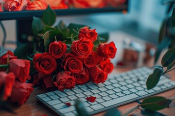 Aufkleber - Red roses bouquet next to a computer keyboard. Suitable for romantic concepts or technology themes