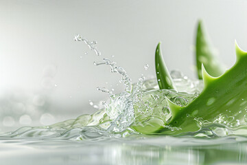 Close-up image capturing the dynamic splash of water on lush aloe vera leaves with a clean white background enhancing its freshness
