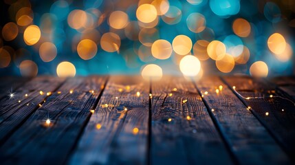 Poster - A wooden table with blue and gold bokeh background for product display or as part of promotional materials, showcasing your products 