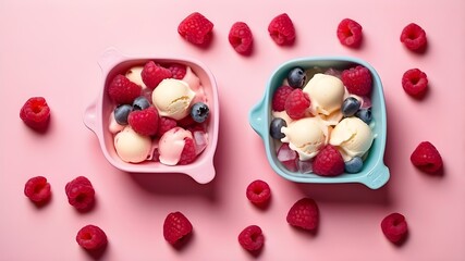 Wall Mural - a deliciously cool summertime meal idea. Slices of ice cubes, berries, raspberries, and white and raspberry-colored ice cream top view with free copy space on a pink backdrop