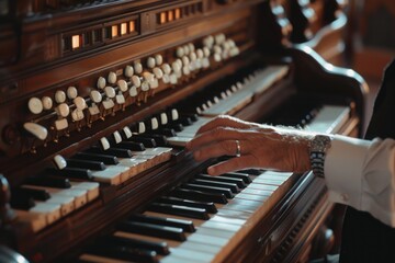 Poster - A detailed image of a person playing an organ. Suitable for music-related designs