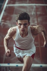 Poster - A male athlete running on a track. Ideal for sports and fitness concepts