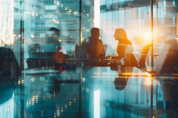 Poster - Business professionals engage in a meeting at a contemporary office with reflections and sunset