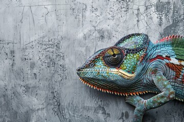 Sticker - A vibrant chameleon perched on a wall. Suitable for nature and animal concepts