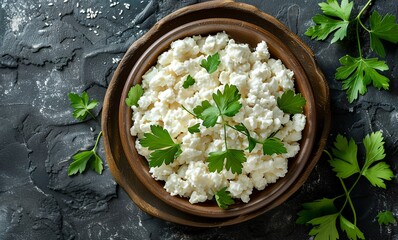 Wall Mural - a bowl of cottage cheese with parsley on a table top