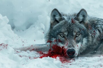 Poster - A wolf laying in the snow with blood on its face. Suitable for wildlife themes