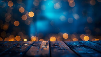 Poster - A wooden table with blue and gold bokeh background for product display or as part of promotional materials, showcasing your products 