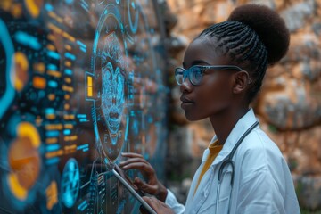 Poster - A medical professional in lab coat is tapping on a futuristic holographic display with health-related graphics