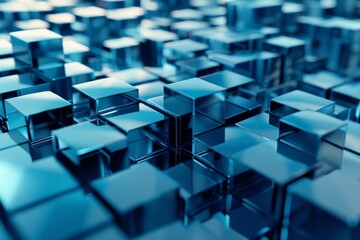 Poster - A 3D rendering of a vast array of reflective blue cubes creating an endless geometric pattern