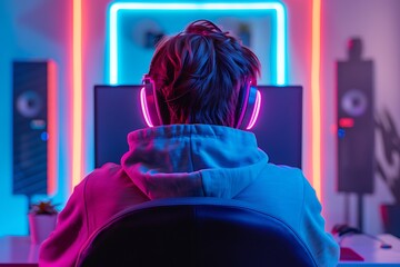 Wall Mural - Professional male Gamer Playing an Online Video Game in a Vibrant, Neon-Lit Room, Showcasing Intense Gameplay. Young man Playing on a High-Tech Gaming Setup