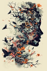 Wall Mural - Artistic silhouette of a head filled with floral and avian elements.