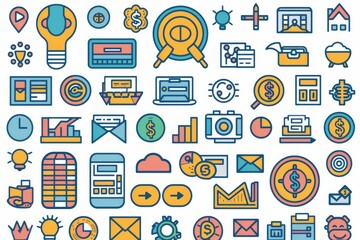 Poster - A collection of vibrant and colorful business and technology related icons in a flat design style