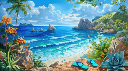Wall Mural - Scenic coastal view featuring azure ocean and flip flops
