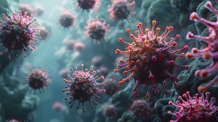 Poster - detailed microscopic view of coronavirus covid 19 outbreak with abstract cellular structures and vib