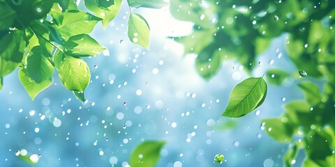 Wall Mural - a green leafy tree with water drops on it's leaves and a blue sky background