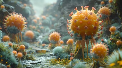 Poster - detailed microscopic view of glowing viral cells in natural environment