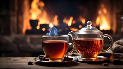 Wall Mural - A clear, aromatic cup of hot tea against the backdrop of the fireplace's roaring flames. A warm and inviting home on a chilly, dark winter's evening