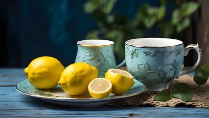 Wall Mural - Teacup with lemon on an antique blue wooden table with a lovely golden glow from the sun. A green napkin, a teapot, and two pieces of sugar. Background in food for design