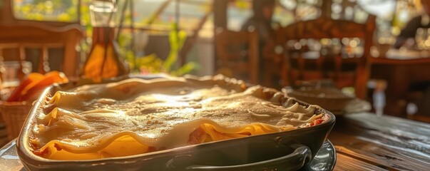 Wall Mural - Close-up of a freshly baked lasagna in a cozy kitchen setting, with warm sunlight filtering through the window.