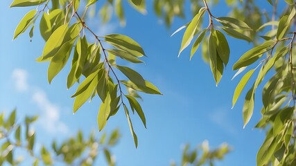 Wall Mural - Lovely, juicy new willow leaves in the open air with a clear blue sky in the background. Text with a soft, springy, summery background pattern.