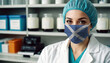 © Александр Бердюгин - Scotland doctor wearing medical mask. Scotland flag print on woman doctor's mask smiling in confidence giving hope