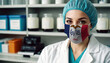 © Александр Бердюгин - Iowa doctor wearing medical mask. Iowa flag print on woman doctor's mask smiling in confidence giving hope