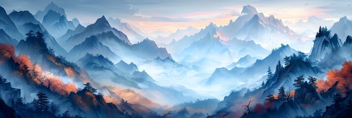 Enchanting Misty Mountain Landscape at Vivid Sunrise or Sunset