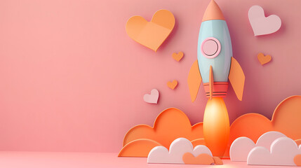 Wall Mural - 3d illustrate of peach background rocket drop paper heart.