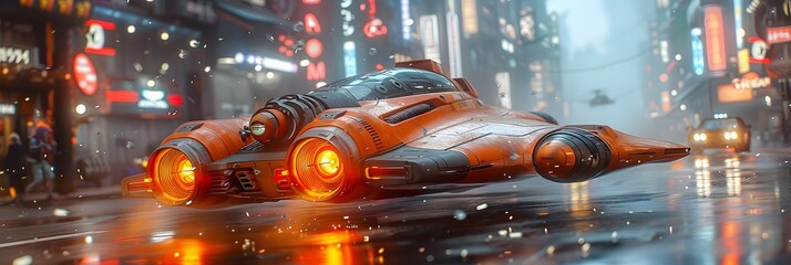 Poster - Futuristic Hover Craft Speeding Through City at Night