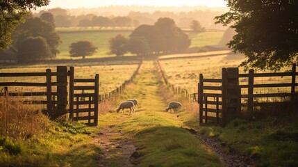 Wall Mural - A gate in a field with a fence and a few trees