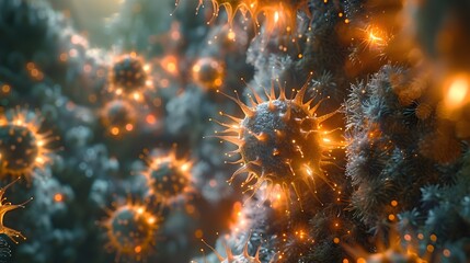 Aufkleber - Glowing Microscopic Viral Structures in Abstract Molecular Arrangement for Scientific or Medical Concept