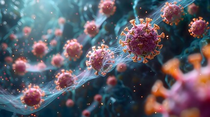 Aufkleber - Glowing Microscopic Virus Particles in Abstract Digital Background