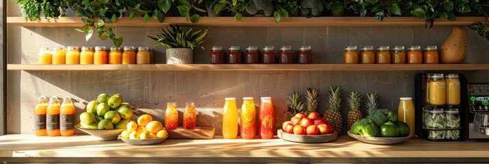 Farm-to-table juice bar concept with organic fruits and vegetables on display, highlighting freshness and sustainability